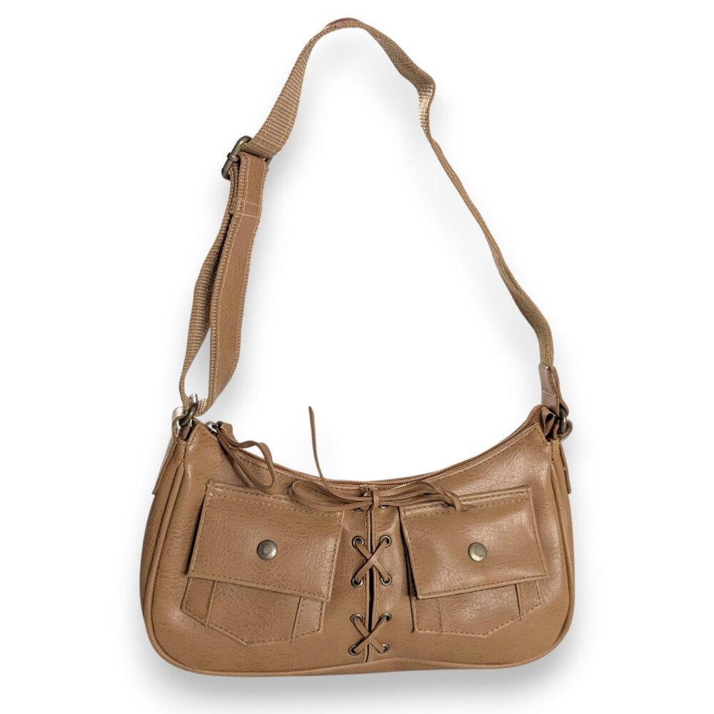 Y2k Tan Front Pocket Mini Woven Tie Shoulder Bag Faux Leather